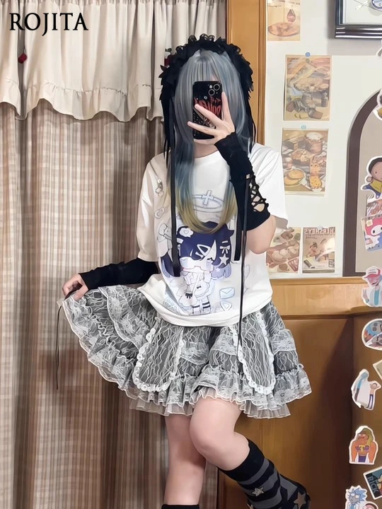 

Rabbit Ear Double Layer Lace Trim Puff Skirt Japanese Fashion Clothing Elastic Waist Cute Half Skirt Mini Skirts Y2k Skirt Women