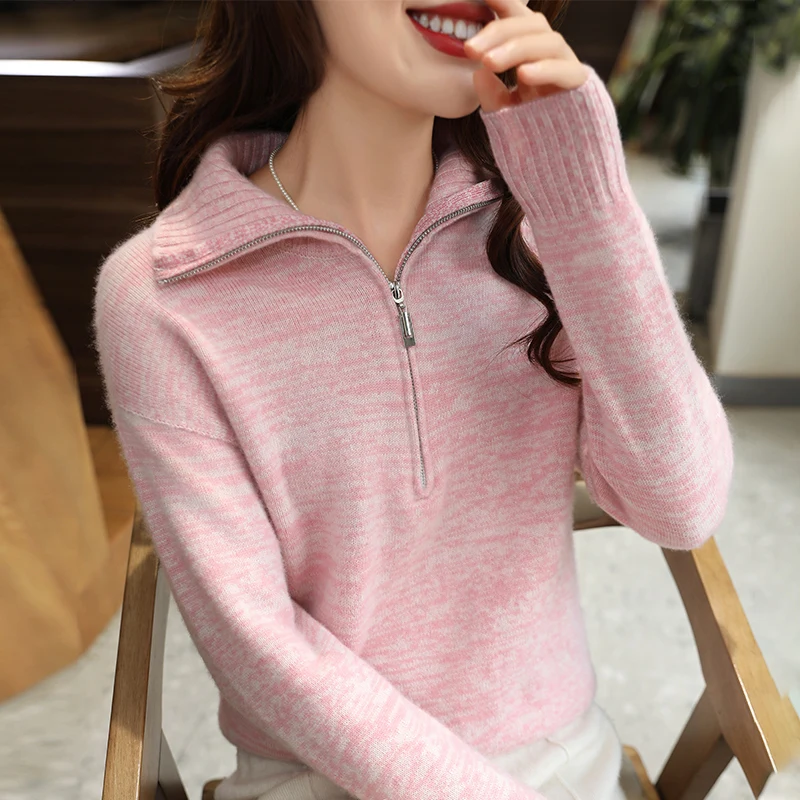 2024 Female 100% Wool Zipper POLO-collar Thickening Women Sweater Knitted Winter Dot yarn Fashion Vintage Tops