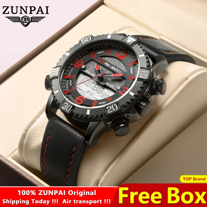 ZUNPAI Men\'s Watch Waterproof Stainless Steel Quality Leather Sports Watches Men Multifunction Chronograph Analog LED Wristwatch