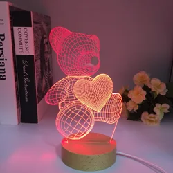 Bear Rose Valentines Day Gift 3D Love Lamp Acrylic Wooden LED Night Light Kids Gifts Christmas Decor Party Wedding Decoration