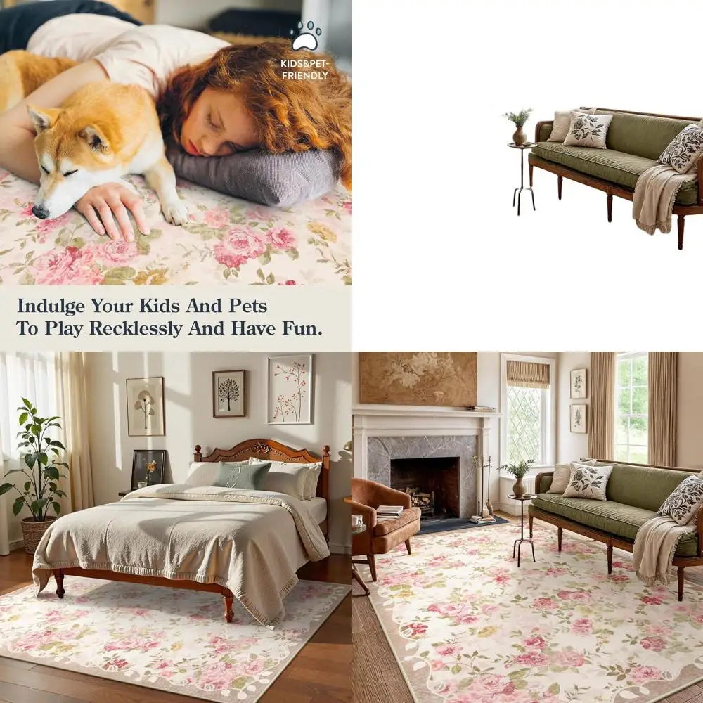 

6x9 Washable Playroom Rug, Girls' Vintage Bedroom Carpet, Non-Slip Living Room Area Rug (Beige)