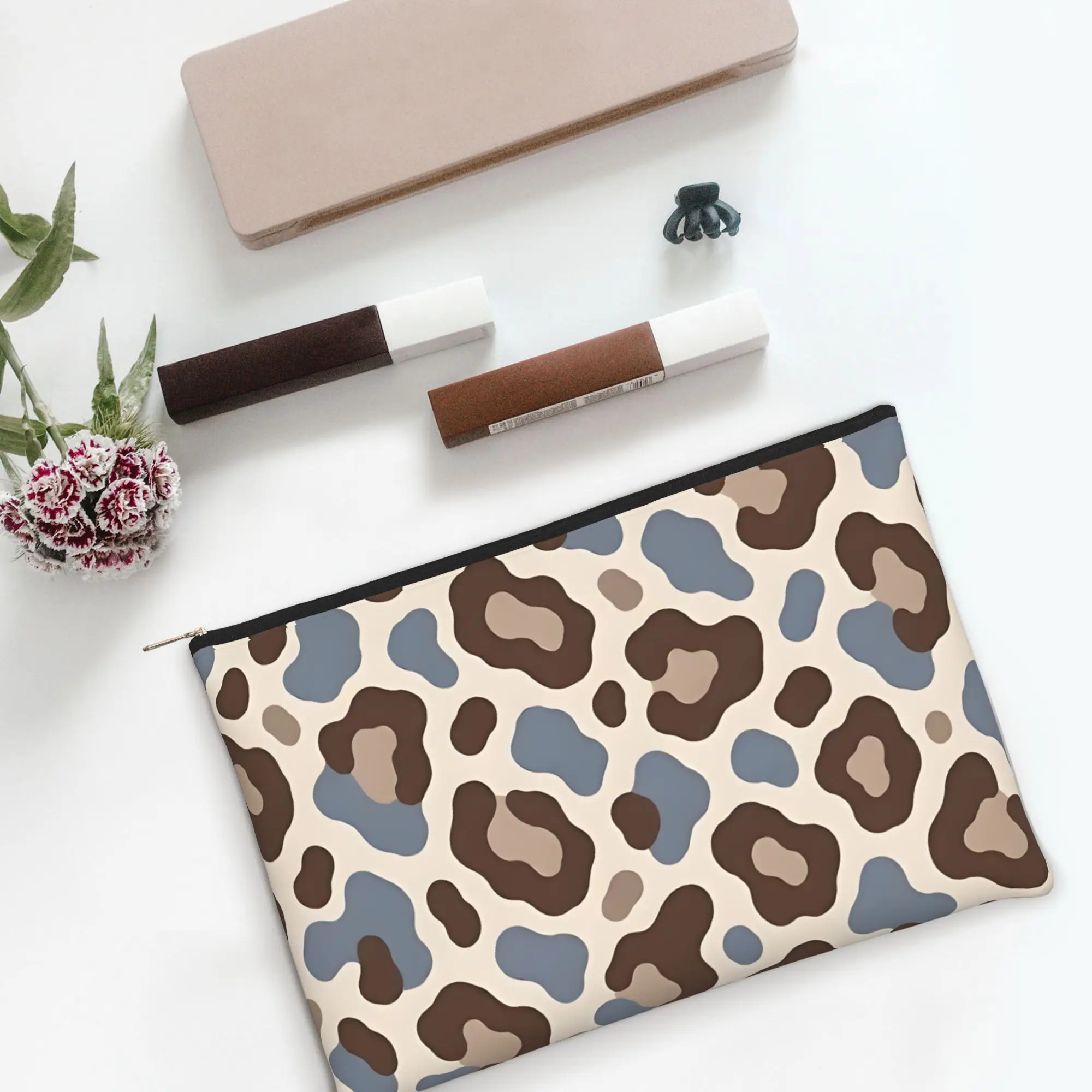 Foldable Cute pouch Modern Blue Brown Leopard Pattern Makeup Bag  Toiletry Bag with Zipper