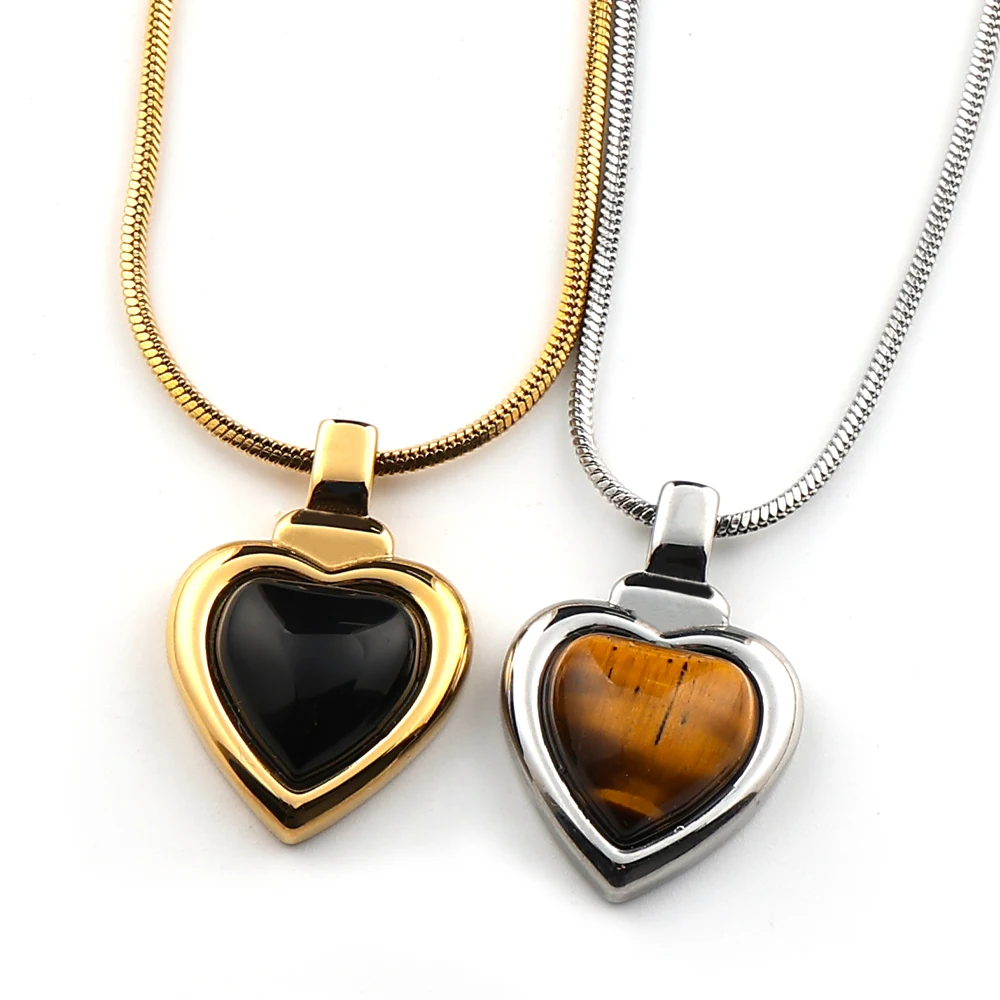 

Natural Tiger Eye Stone Heart Pendant Necklace for Women Stainless Steel Gold Color Snake Chain Necklaces Healing Jewelry Gift