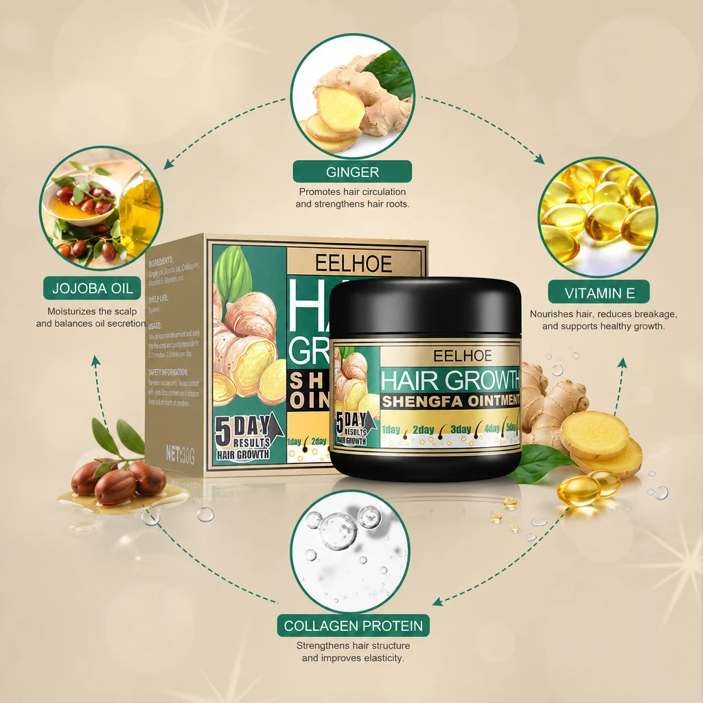 5 Days Ginger Hair Growth Ointment Jojoba Oil Vit E Collagen Nourish Scalp Strengthen Roots Improve Thin Sparse Hair Cream
