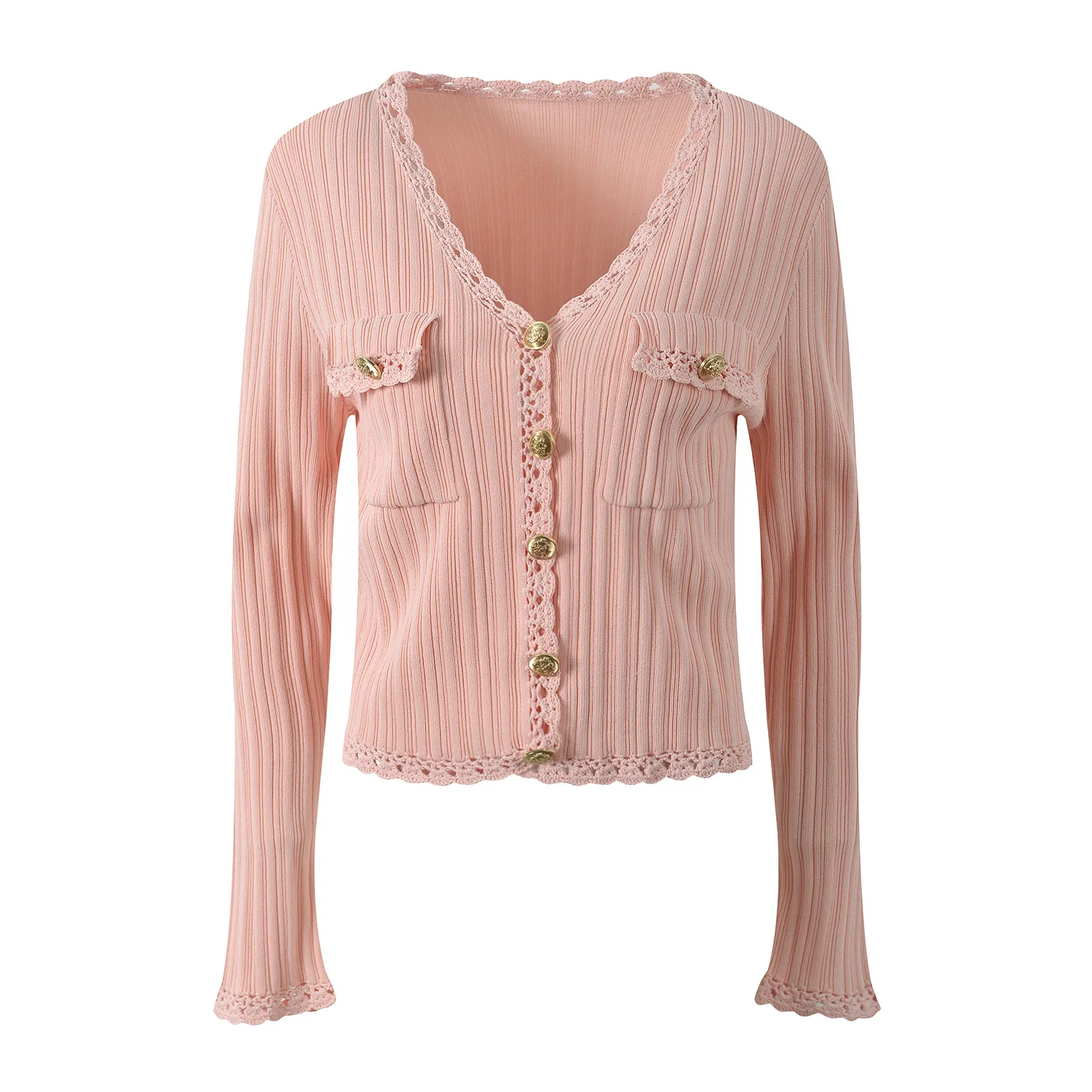 

Ele Hollow out Lace V-Ne Knitted Open Cardigan Women's Top High-End Version European Sle Sweet And Faionable
