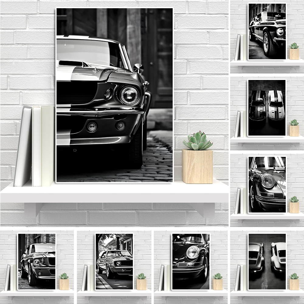 Vintage Luxury Mustang Racing Poster And Print Retro Silver Supercar Canvas Painting Classic Sports Car Wall Art Room Home Decor