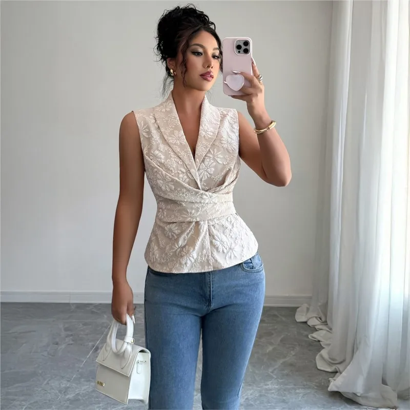 

European American V-neck Waist Cinched Irregular Hem Vest Sleeveless Lapel Office Lady Shirts For Women No-Sve Irt Summer Vest