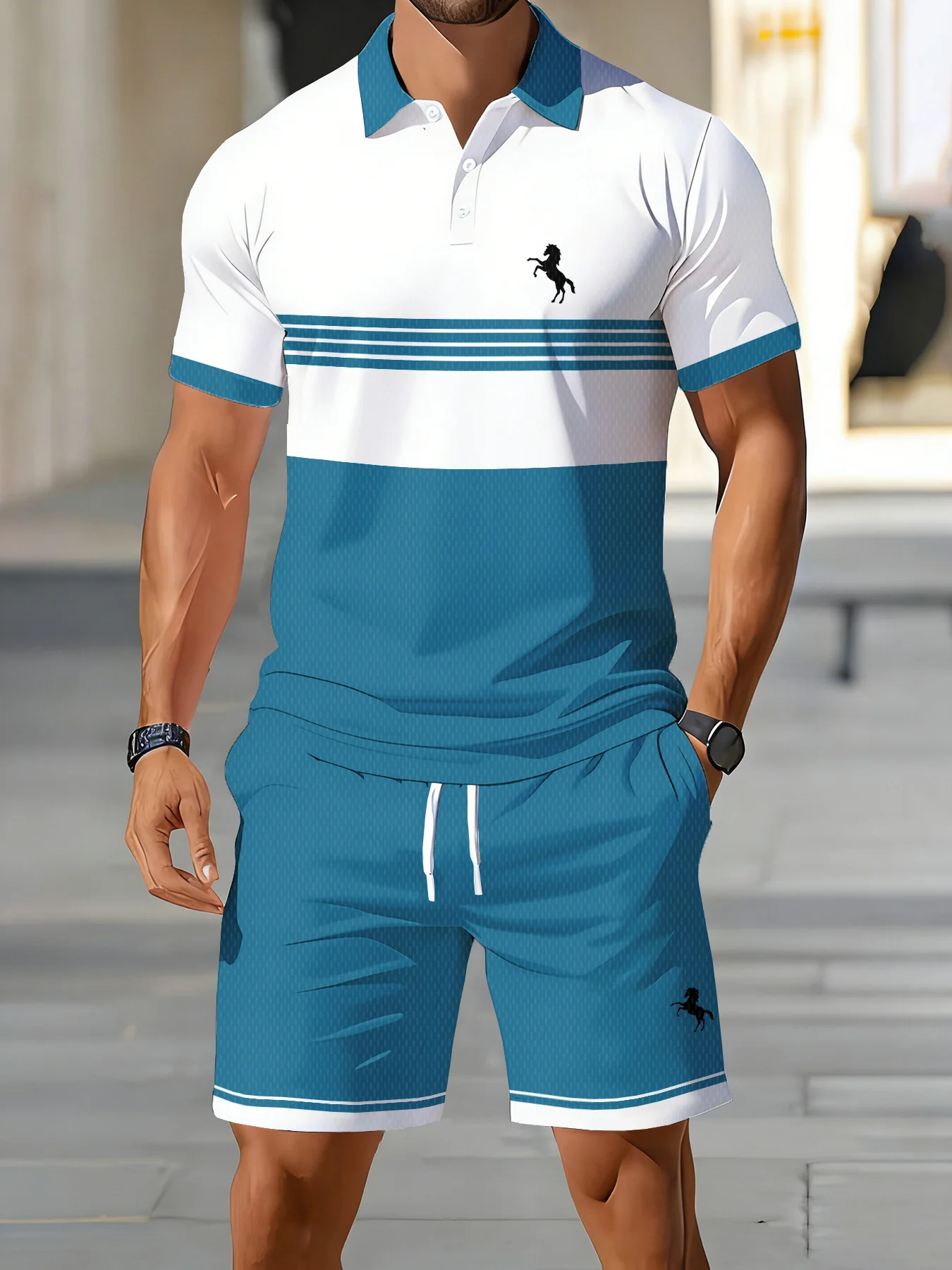Modische Herren-Polo-Shirt-Sets Einfacher Streifen 3D-Druck Knopf-T-Shirt und Shorts 2-teiliges Freizeit-Kurzarm-Sportoutfit Sommer-Anzug