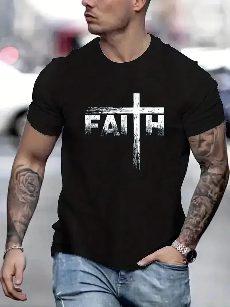 Faith Men's Vintage T-shirt for Summer Outdoor, Casual Slightly Stretch Crew Neck Tee Short Sleeve Graphic Stylish Clothing