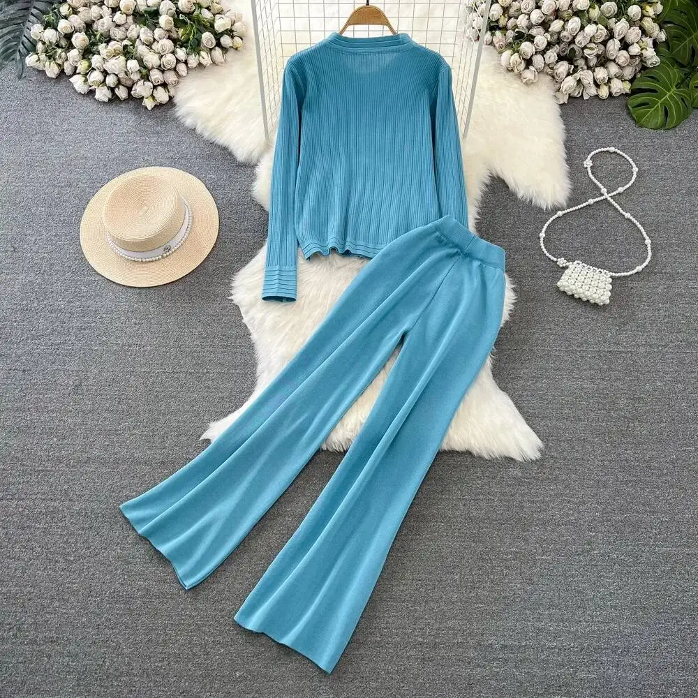 Korea Chic Minority O Neck Knit Cardigan Straight High Waist Slim Wid Leg Pants Solid Casual Personalized Suit Pant