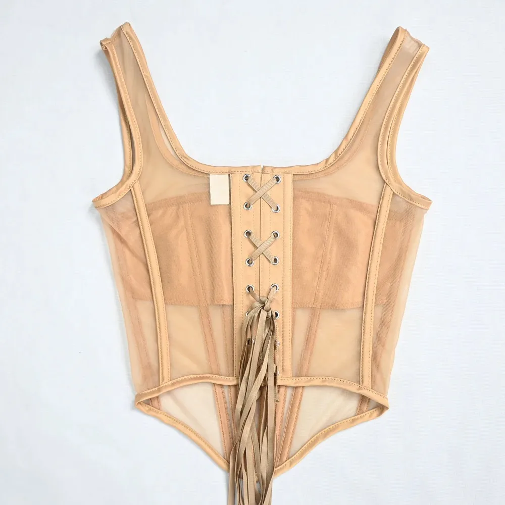 Women Summer Bustier Corset Vest OverBust Lace Up Boned Shaping Tops Bodice Transparent Mesh Waist Trainer Slim Fit Tube Tops view 5