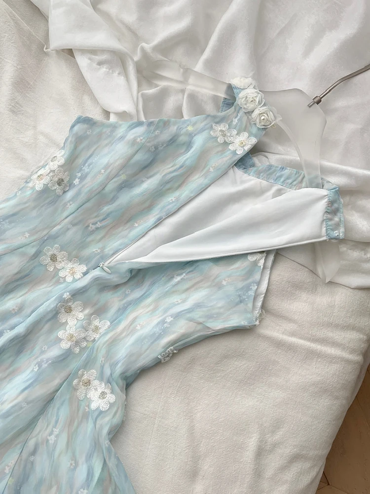 Abito all'americana da donna in pizzo senza maniche con canotta in rete Mini abito femminile 2025 Abito corto floreale ricamato con cerniera Abito a pieghe stampato