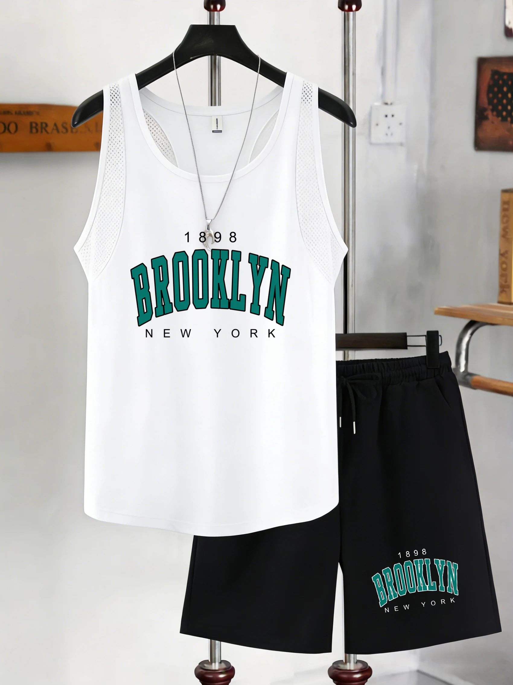 

1898 Brooklyn New York Design Men Reticular Vest Set Fashion Vintage Shorts Summer New Soft Basics Tank Unisex O-Neck Clothes