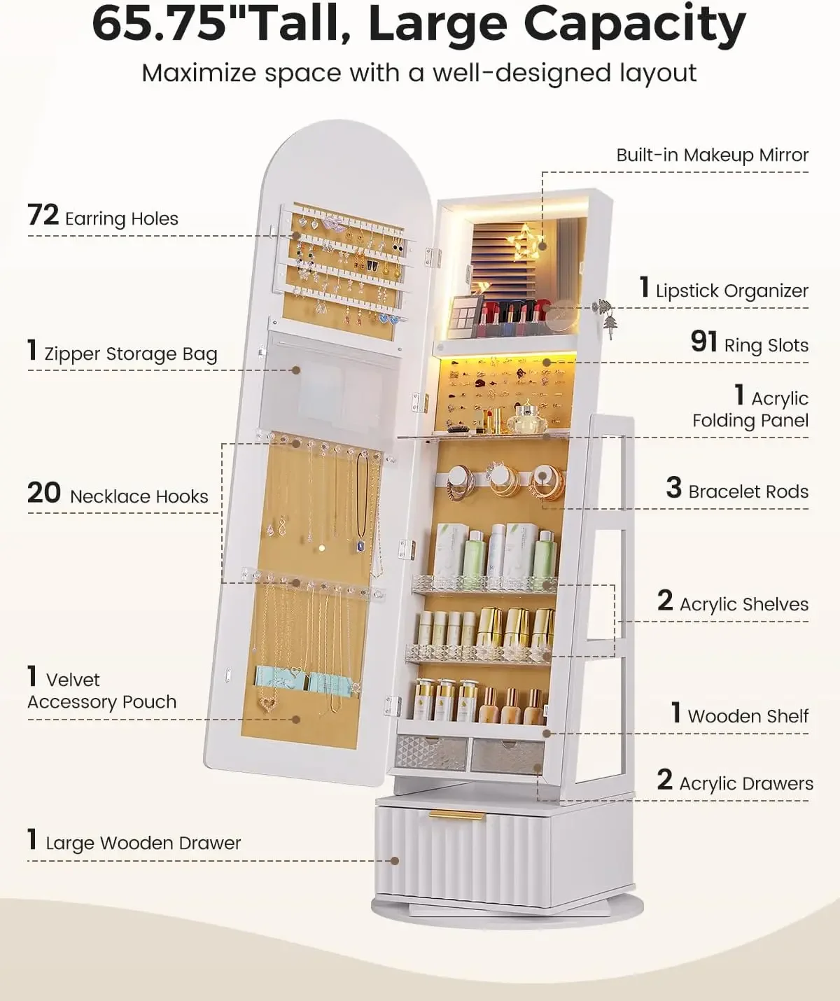 Arched Jewelry Cabinet with RGB Full-Length Mirror and Storage | 360° Swivel Standing Jewelry Armoire, Lockable Organizer