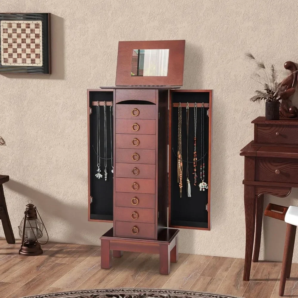 Jewelry Cabinet Armoire with 9 Drawers, 2 Side Doors, 8 Necklace Hooks, Top Divided Storage Compartments