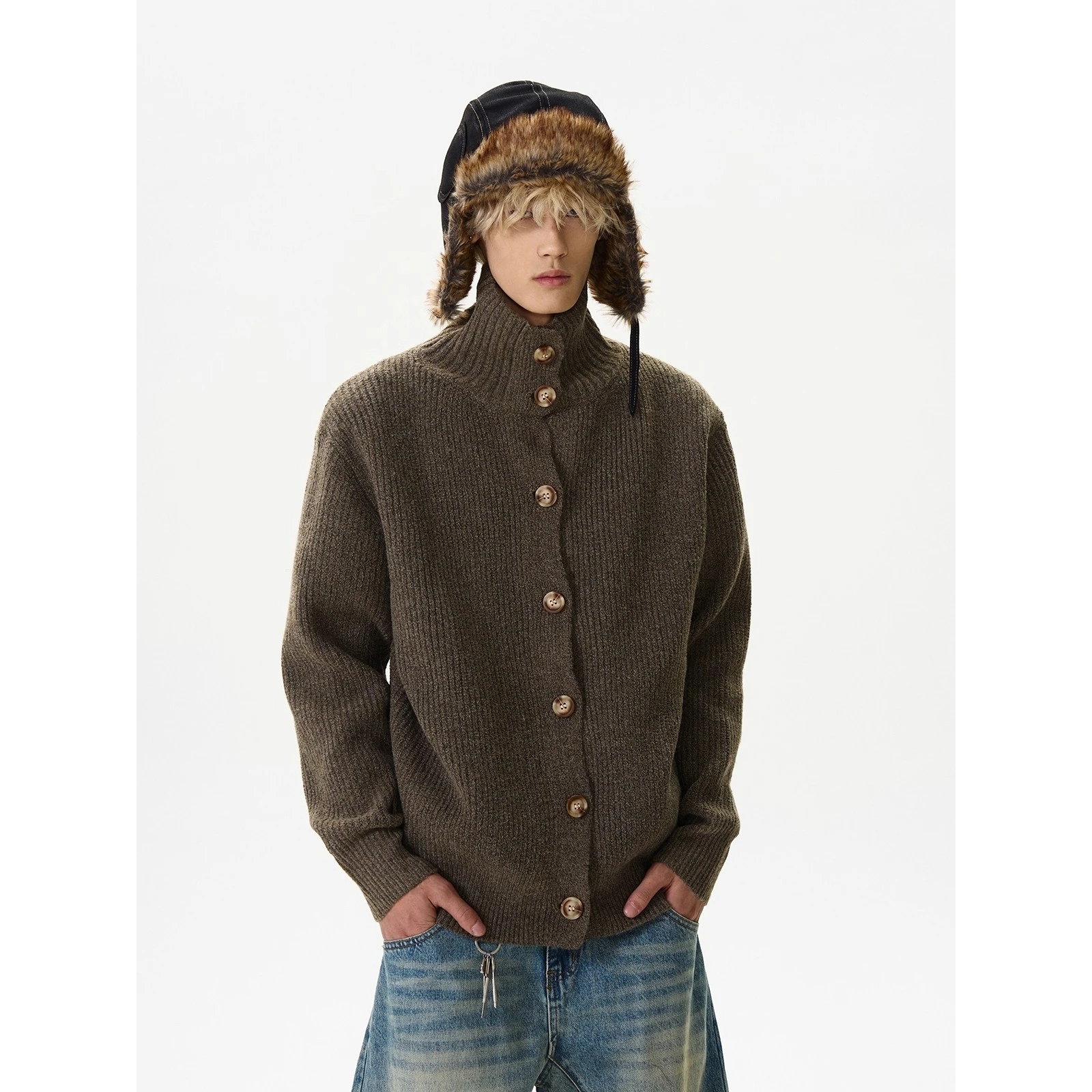 

Retro American Aosphere Button Stand Collar Cardigan Sweater Men's Autumn Winter Lazy Knitted irt Trendy Loose Fit Sle