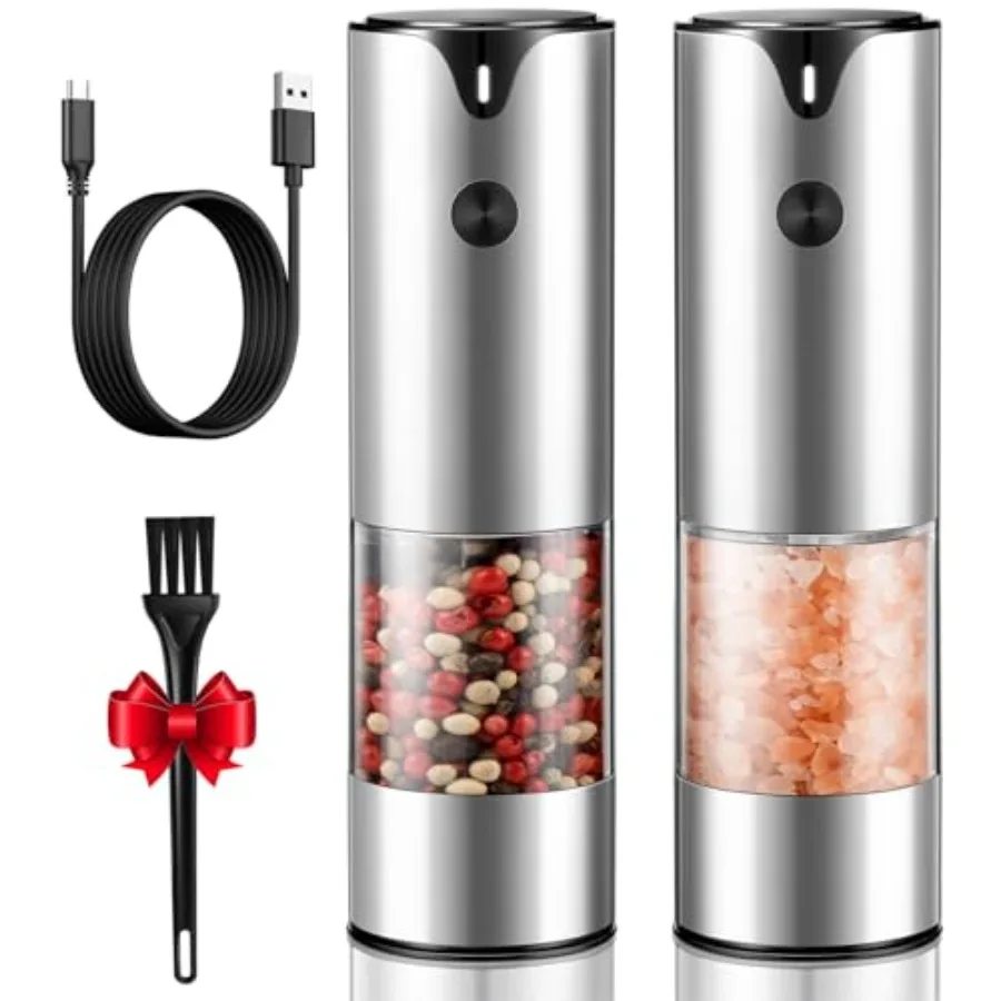 

Rechargeable Electric Salt and Pepper Grinder Set with Extra Large Ccity Automatic Black Peppercorn Sea Salt Spice Mill in Blac