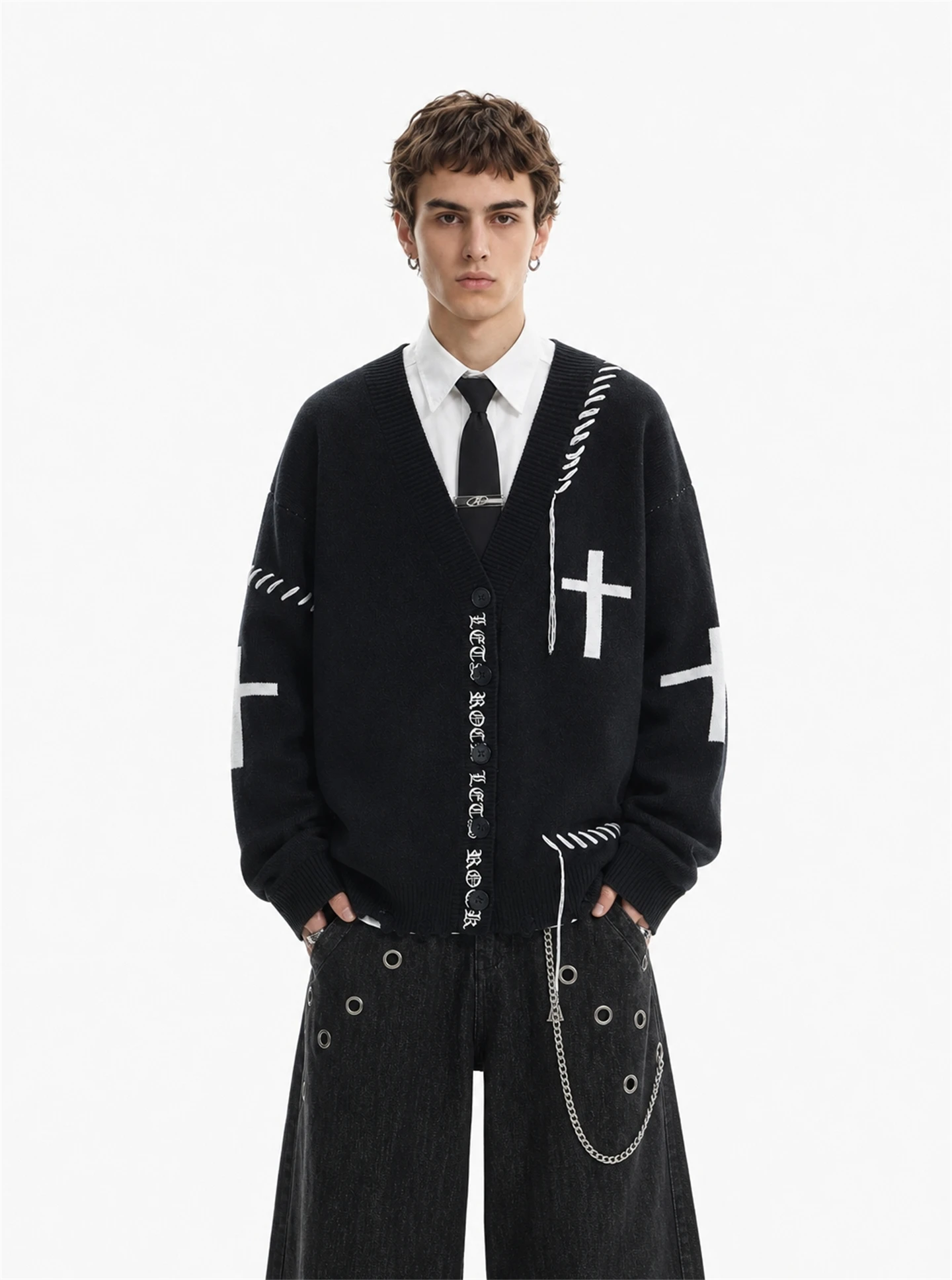 BETEBULE American High Street Letter Embroidery V-neck Knitwear Men's Loose Casual Sweater Autumn New Style Outdoor Daily Com...