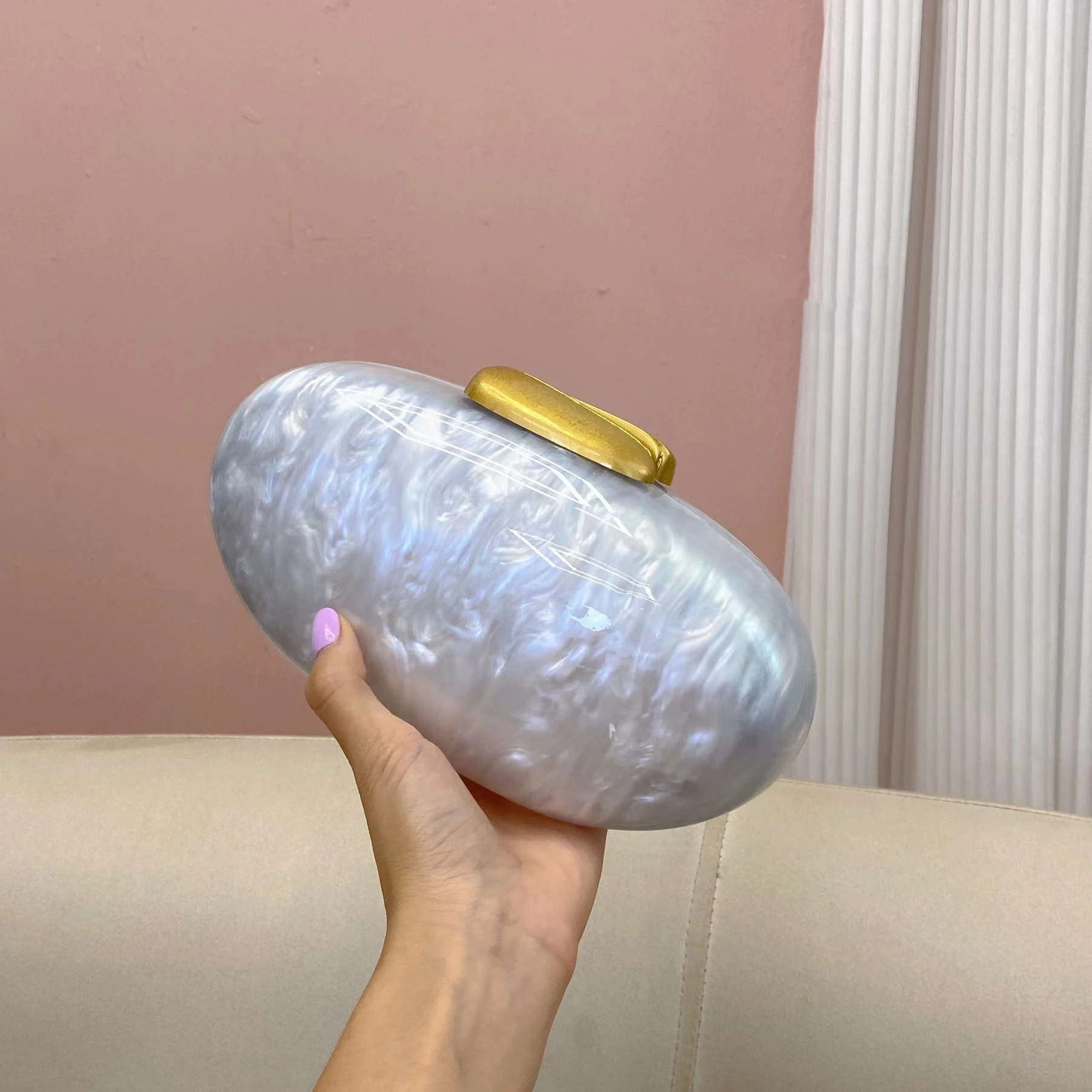 Egg Shape Clutch Bag Acrylic Purse Women Wedding Evening Party Cute Ivory Pearl Color Purse Handbag Summer New 2024