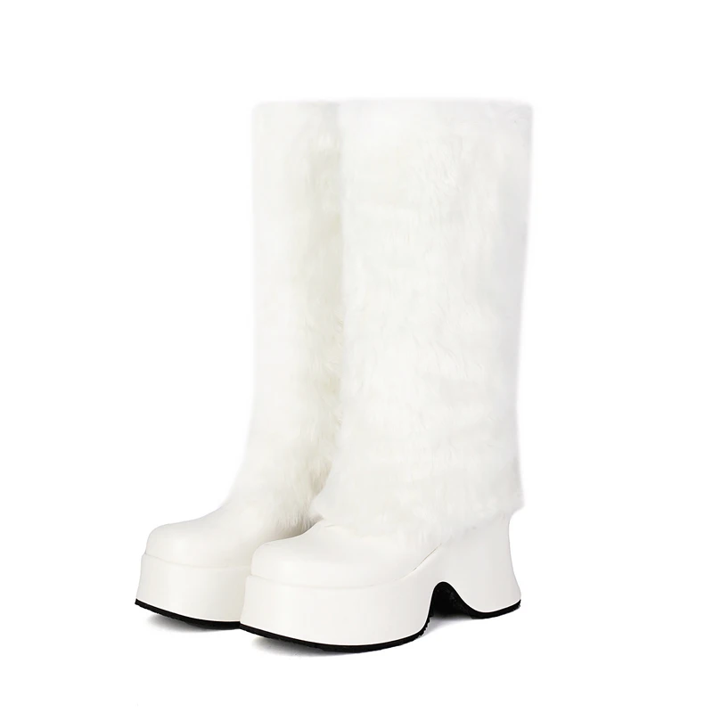 Bottes de neige chaudes à hauteur du genou pour femmes, rose, blanc, fausse fourrure, plate-forme, compensées, talons hauts, fourrure, designer, chaussures d'hiver