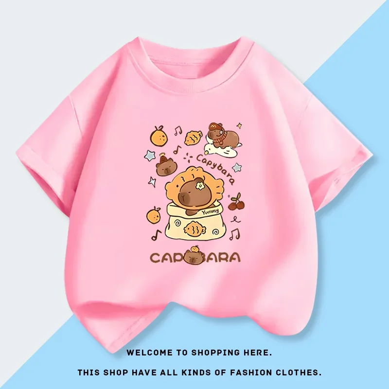 

2025 Kapibala Guinea Pig New Cartoon Children's Short-sleeved T-shirt, Pure Cotton Summer Half-sleeved Top, Children's Clothing