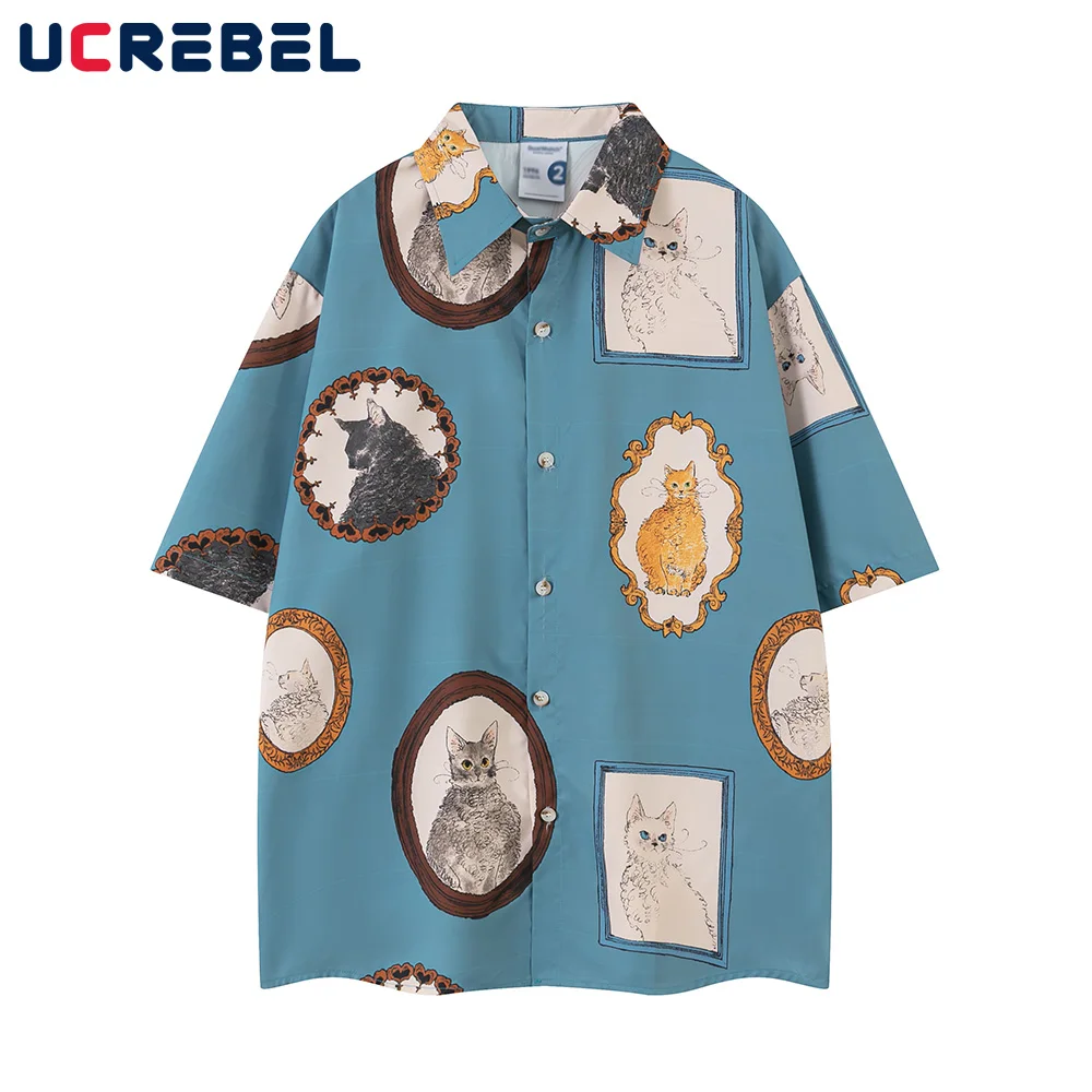 

Cat Print Short Sleeve Shirts Mens Summer Retro High Street Lapel Single Breasted Half-Sleeve Shirts Men