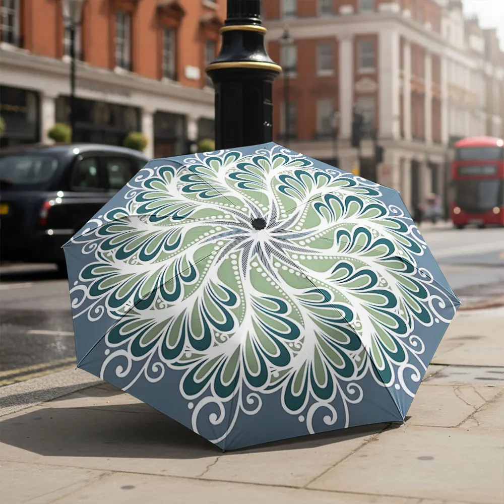 1P C Elegant Umbrella With Artistic Patterns in Scenic Backdrop Print 8 Iron Ribs Folding Umbrella Auto-Open Fashion Sunshade