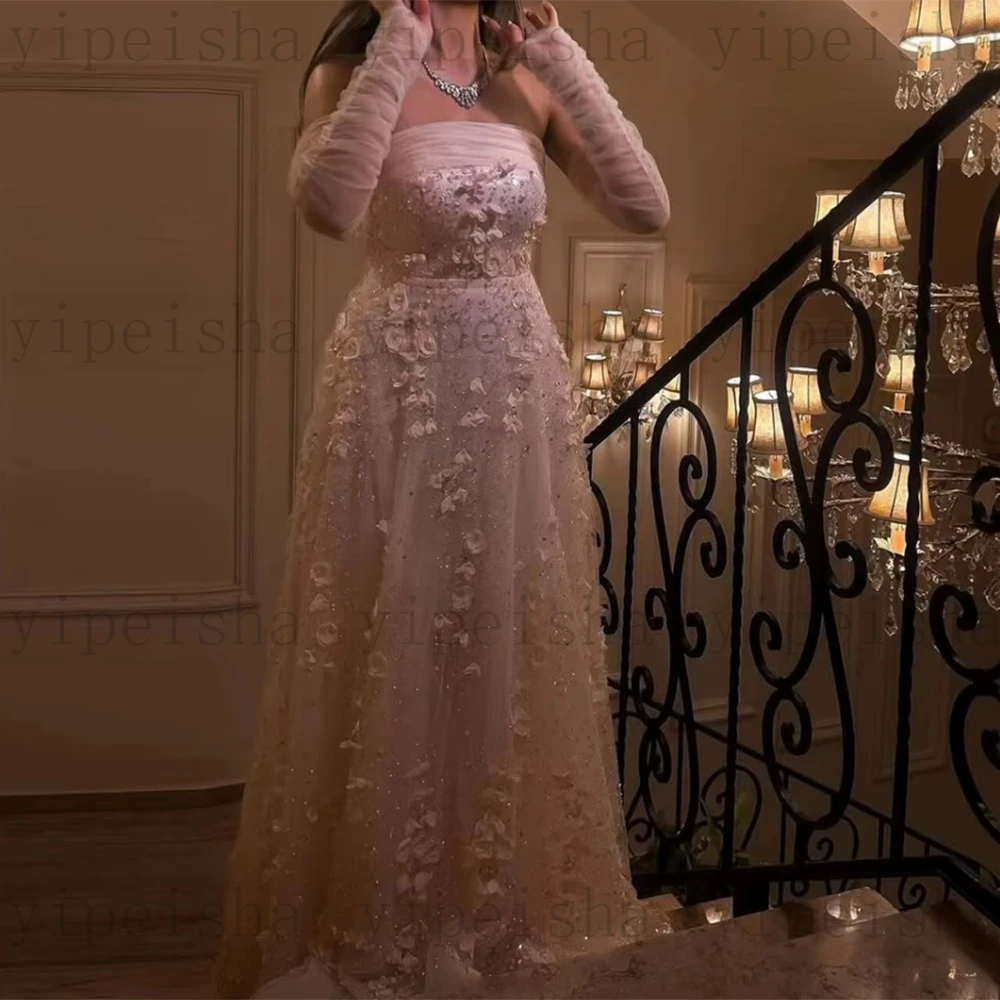 

Exquisite Strapless Pink Long Evening Dresses Customized Sequined Lace Appliques Prom Gown Modern 3D Flowers Long princess dress