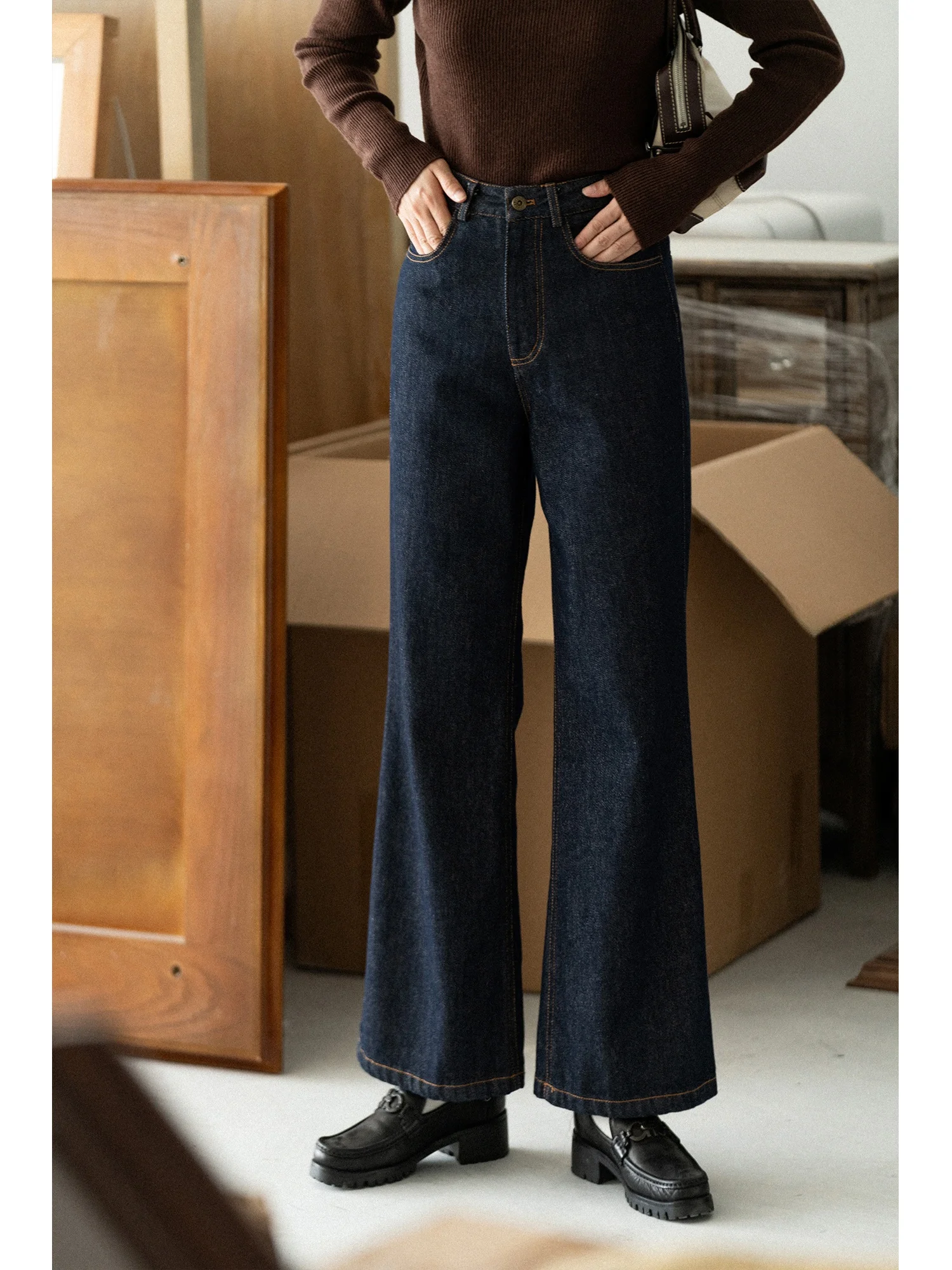 

Винтажные хлопковые эластичные джинсы скинни с высокой талией, расклешенные ноги, оригинальный цвет, уличный уголок, старый книжный магазин, женские модные джинсы...