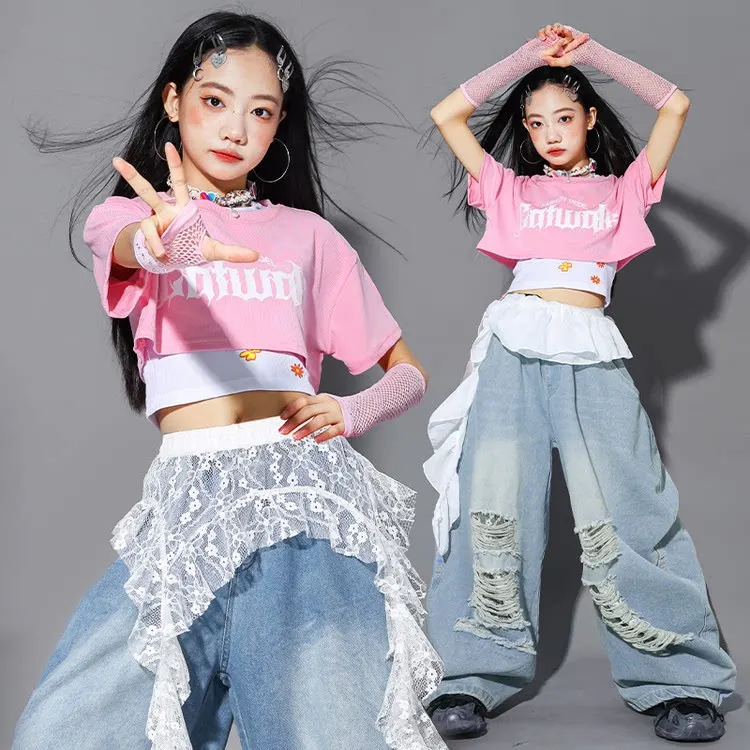

Одежда для танцев в стиле K-pop для девочек, костюм для джазовых выступлений, розовый укороченный топ, свободные джинсы, детский наряд для уличных танцев в стиле хип-хоп, VDL5368