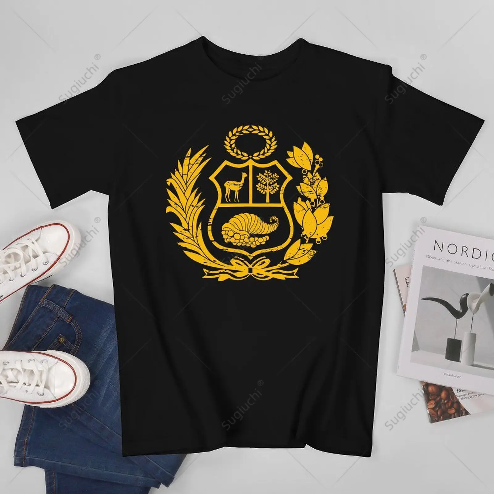 Unisex Men Peru Shirt - Peruvian Coat of Arms Gold Peruvian Escudo Tshirt Tees T Shirts Women Boys 100% Cotton T-Shirt