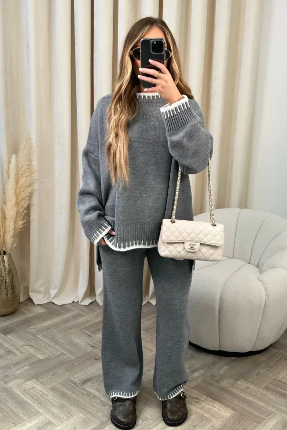

Knitted Women's Pajama Set Loose Solid Long Sleeve Ladies Sleepwear with Pants Oversize Loungewear Pijama Suit for Female