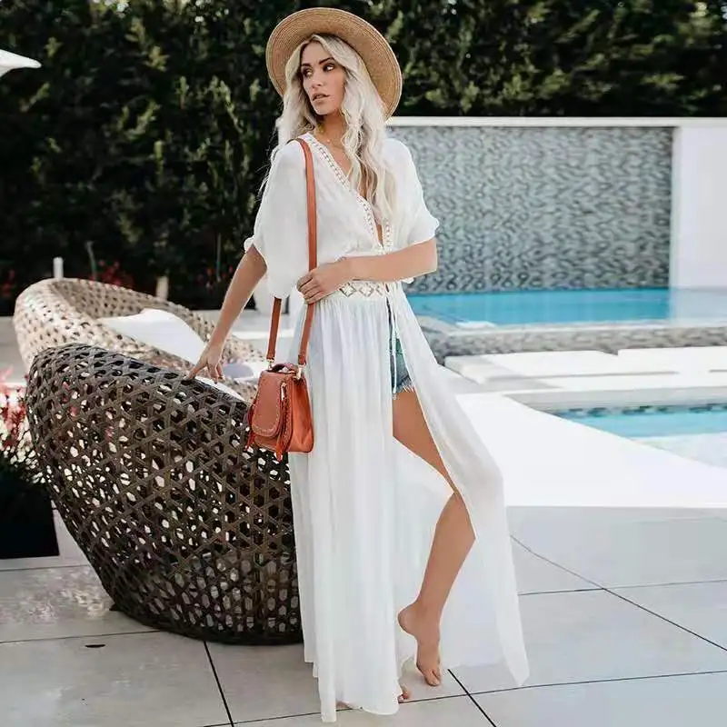 

Beach Cover Long Bamboo Stem Pattern Sun Protection Cardigan Svel Ladies Swimwear Cover up Floral Lace Design