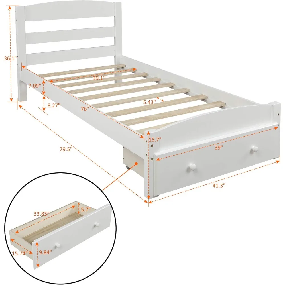 سرير Merax ذو منصة مزدوجة الحجم مع درج تخزين، وإطار سرير خشبي مع لوح أمامي ولوح للقدمين/سهل التجميع/شريحة خشبية قوية