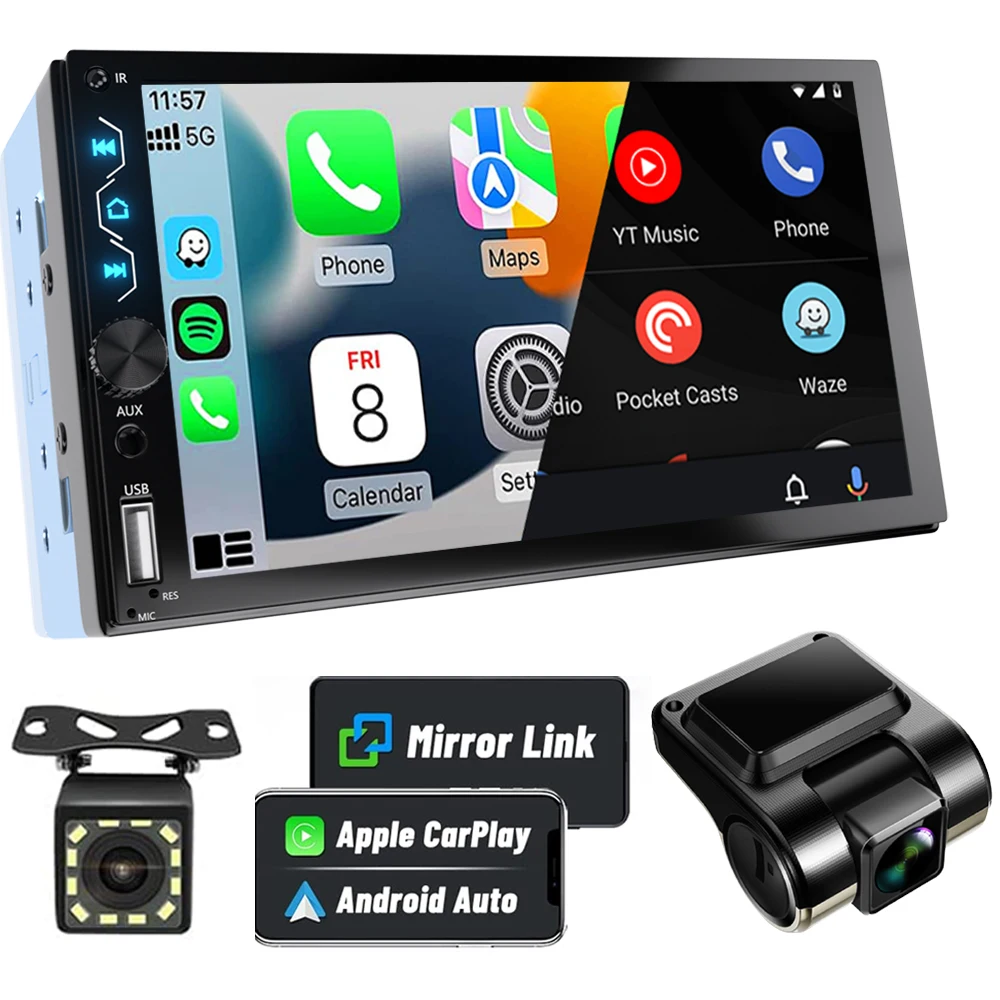 

Автомагнитола Double Din с видеорегистратором, 7-дюймовый сенсорный экран Full HD, поддержка Apple CarPlay и Android Auto