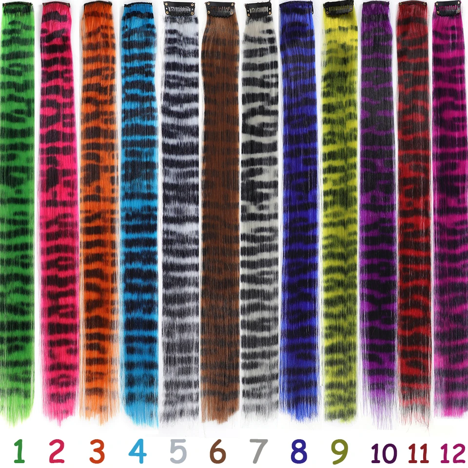 Extensiones de cabello sintético con clip, largas y lacias, con estampado de rayas de colores, para uso diario, fiestas y Halloween 3