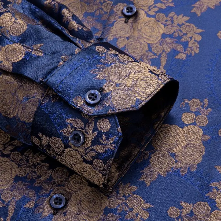 Hi-Tie Mens Shirts Jacquard Paisley Floral Long Sleeve Lapel Shirt Blouse Outerwear Wedding Office Breathable High Quality