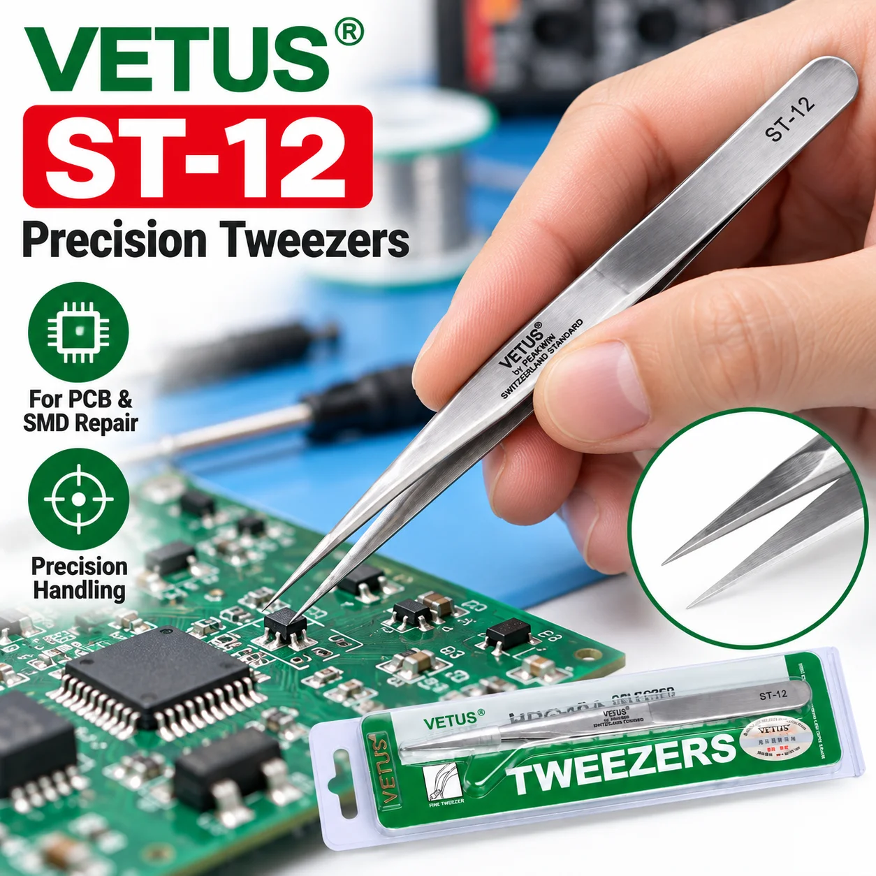 1pcs Vetus Stainless Steel Tweezers Electronic HRC-40 Herramientas Ferramentas Precision Diy Tweezers Hand Tools ST-12