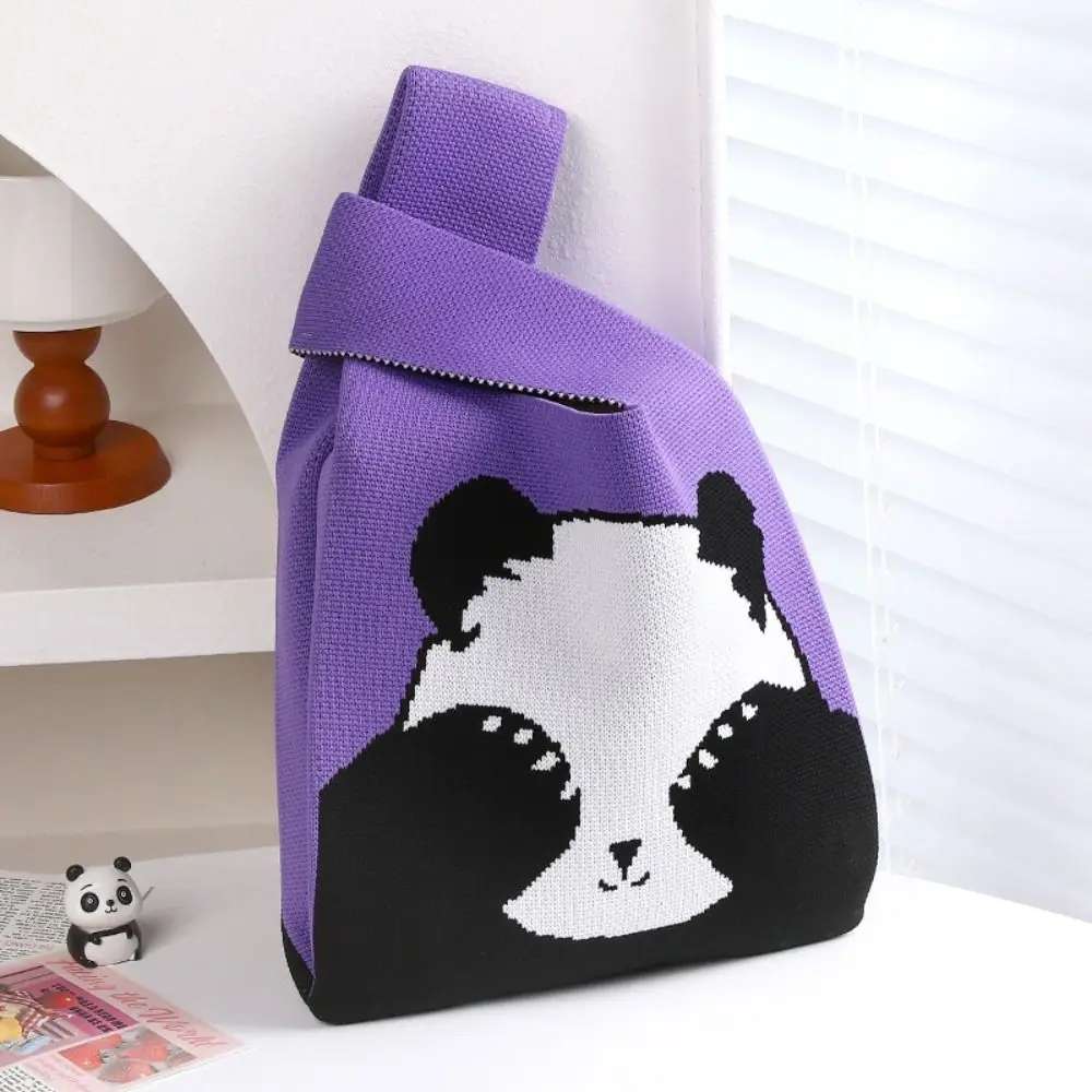 Cute Cartoon Panda Knit Handbag Women Knot Wrist Bag Casual Color Wide Tote Bag Student Shopping Bag For Women