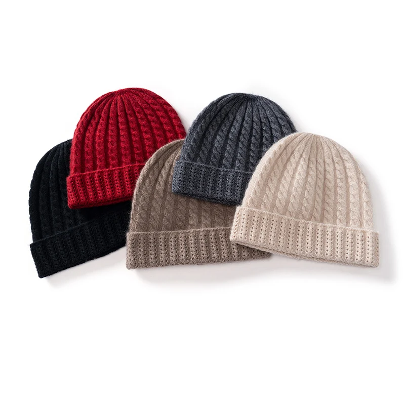 High-Quality 100% Cashmere Beanie Women's Casual Knitted Solid Color Cable Outdoor Warm Cashmere Soft Hat Padded Pullover Hat
