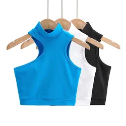 Vest Girls Europe America High Waisted Irregular Sleeveless High Collar Tops Versatile Tide 2024 Fashion Colorful Solid Cotton