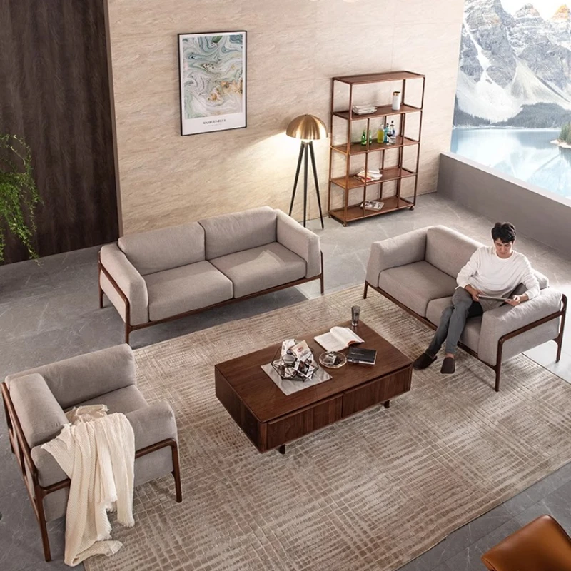 

North American black walnut all-solid wood sofa Nordic simple fabric combination