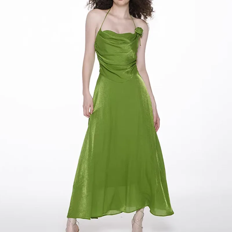 

2025 New Style Fresh Bud Green Satin Neck Long Strap Dress Women's Seaside Holiday Pleated Short Skirt For Summer
