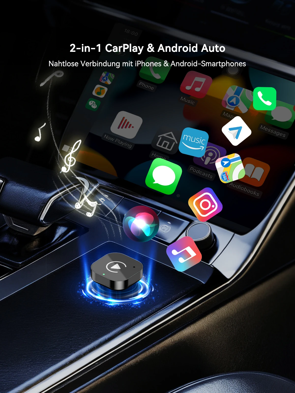 2 in1 Wired to Wireless CarPlay Adapter Plug & Plug Auto Connect Converts for Wired Cars Compatible for iPhone & Android Phone B