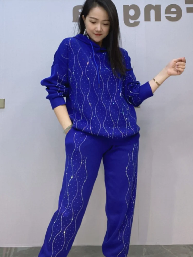 Vefadisa 2025 Spring Autumn New Blue Diamond Knitted Women Matching Sets Hooded Long Sleeved Top + Haren Pants Suit ZXY1510A