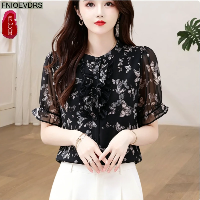 

Loose Clothes Casual Tops Blouses New Fashion Woman Summer Short Sleeve Floral Print Black Chiffon Button Tunic Shirts