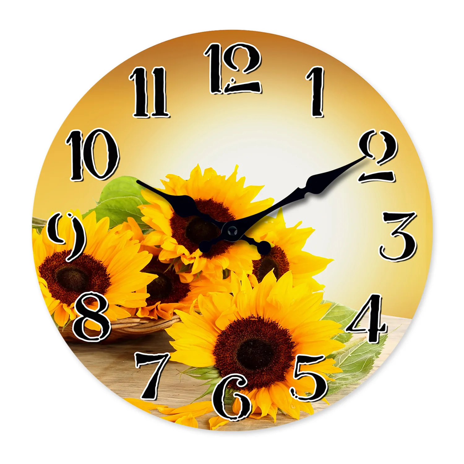 Modische Wanduhr aus Holz mit Sonnenblumenmuster für Wohnzimmer, Schlafzimmer, Küche, Heimdekoration, leise Quarzuhr, Weihnachtsgeschenk, 10 Zoll, 12 Zoll (ohne Batterie)