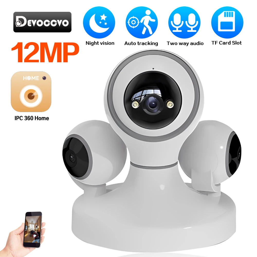 Mini 12MP Three Lens WiFi CCTV PTZ Camera with 720° Detection Alarm Three Screen 4K Indoor Home Security Surveillance Camera