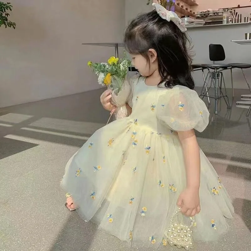 

Summer Baby and Girls Cotton Floral Embroidery Puff Sleeve Tulle Layered Princess Dress School Kids Skirt Children Outfit 1-10Yr