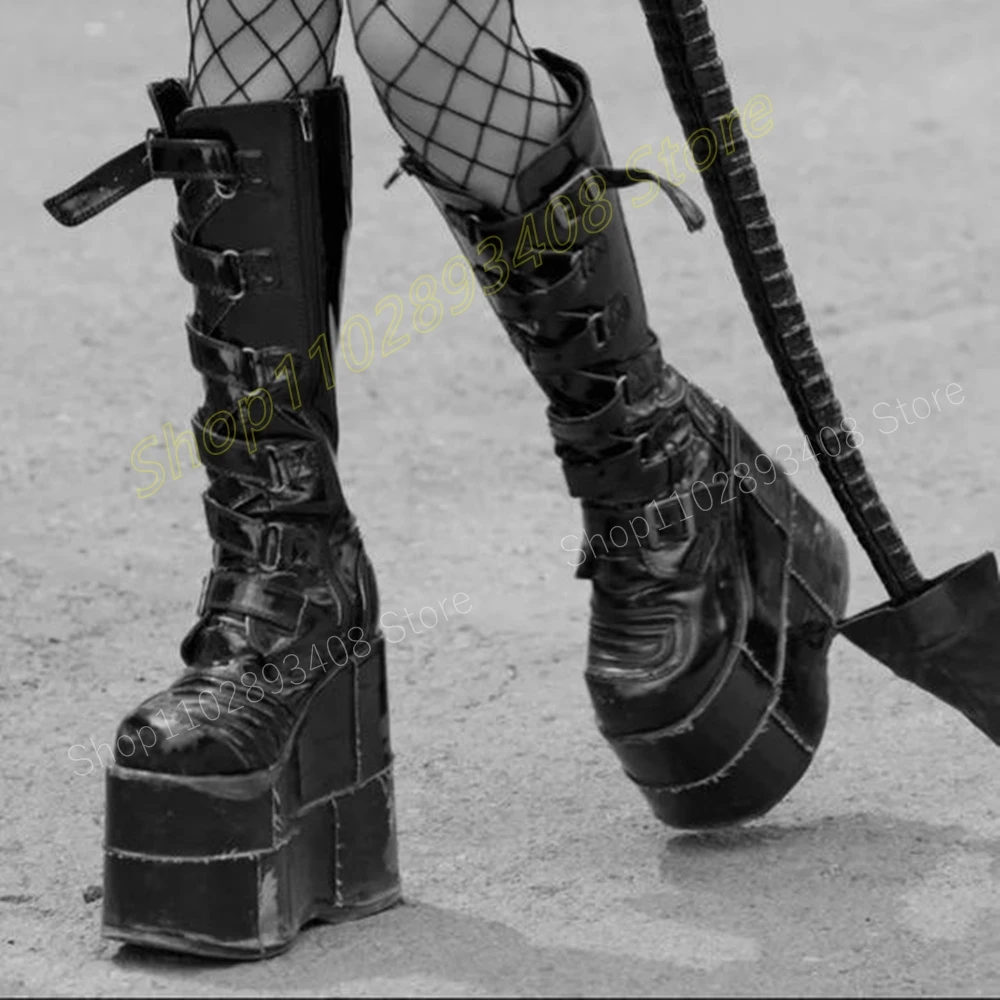 Black Buckle Belt Cross Tied Mid Calf Boots Punk Style Thick Soled Wedges High Heel Patent Leather Women Shoes 2024 Para Mujere